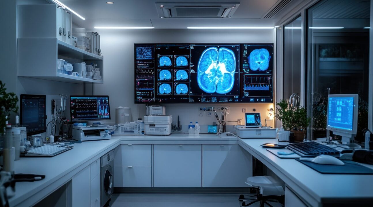 A Modern Medical Office with Brain Scans Displayed on a Large Screen