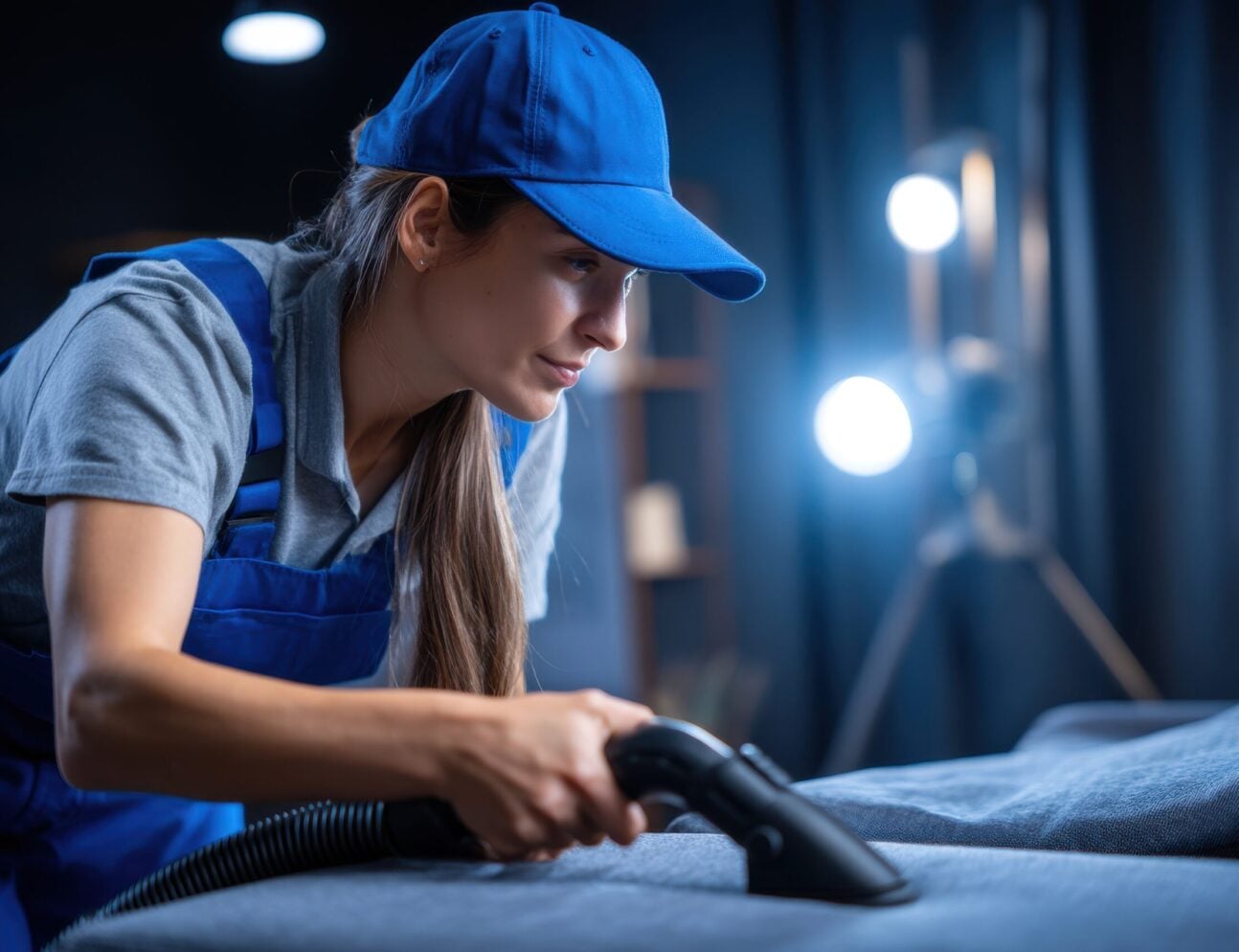 Professional cleaning service provides meticulous fabric care with a vacuum cleaner, ensuring hygiene and freshness in a clean environment, focused on detail and quality.