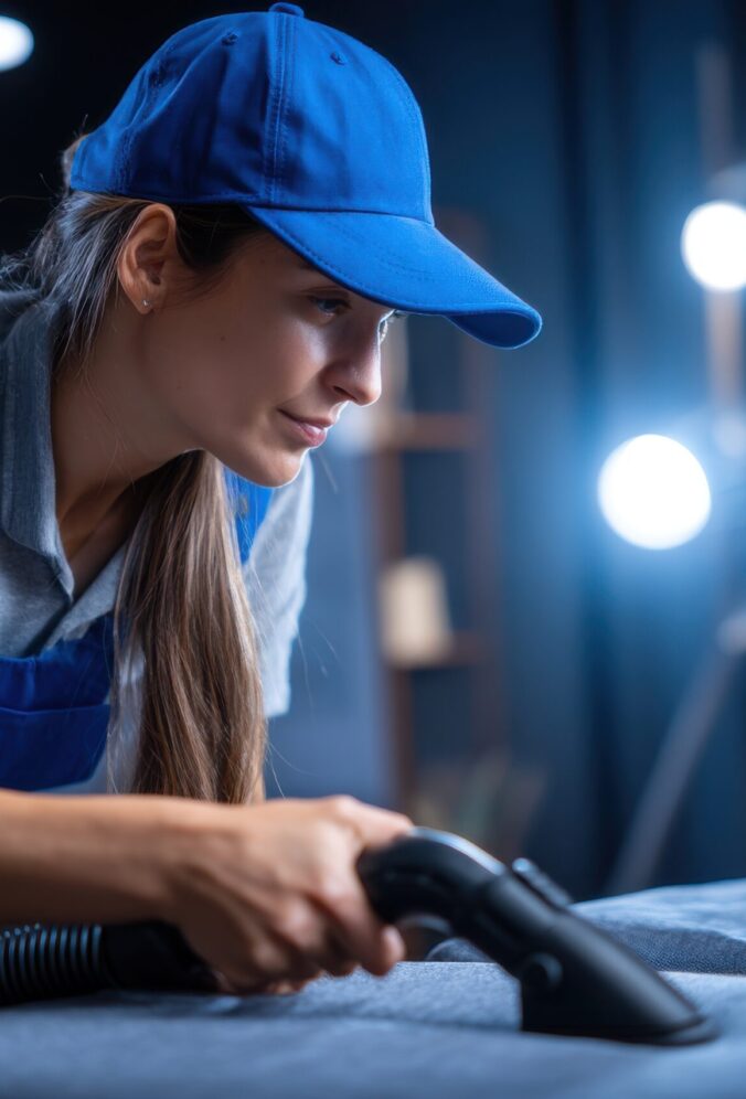 Professional cleaning service provides meticulous fabric care with a vacuum cleaner, ensuring hygiene and freshness in a clean environment, focused on detail and quality.