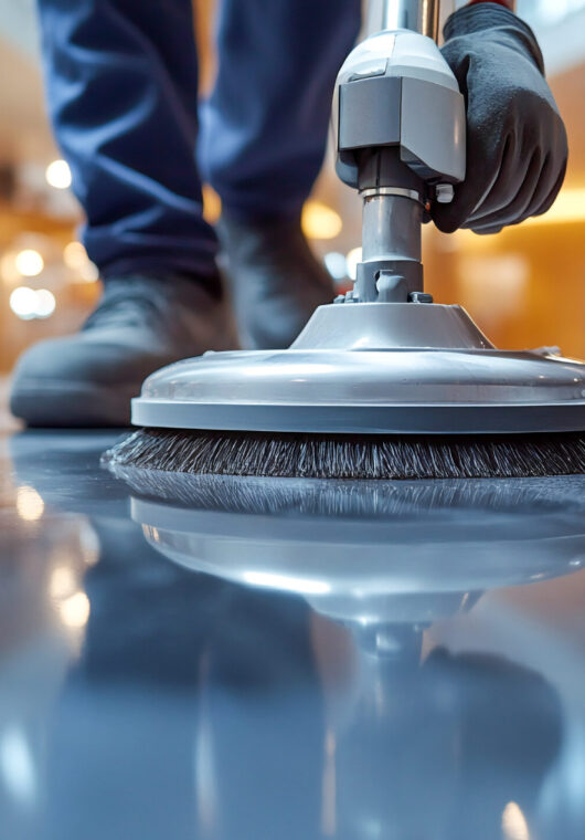 Close-up of janitor cleaning floor with polishing machine indoors